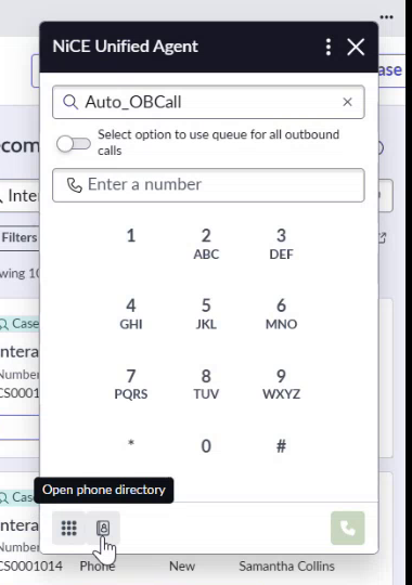 The Open phone directory option at the bottom of the panel